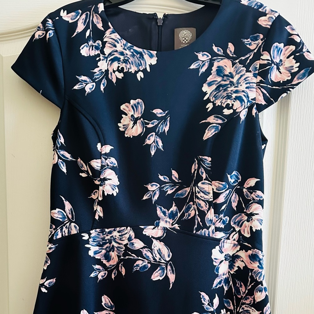 Vince Camuto Floral Navy Blue Blush Pink Cap Sleeve Fit and Flare Dress Sz 10